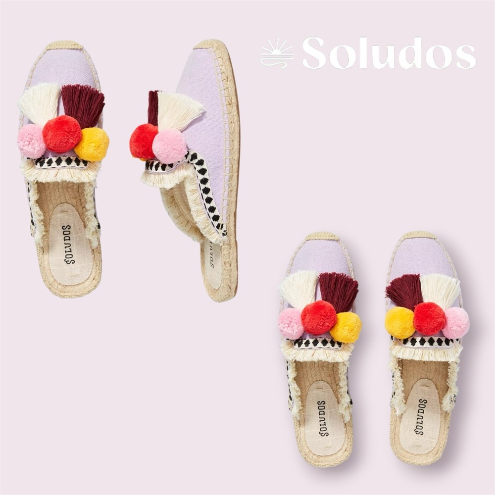 🛍️SALE🛍️ Soludos Frayed Edge Pom Pom Mules | Coco Espadrille Slides - Picture 2 of 6